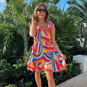 FLYING TOMATO NWOT Colorful Abstract Geometric Smocked Tie Shoulder Mini Dress